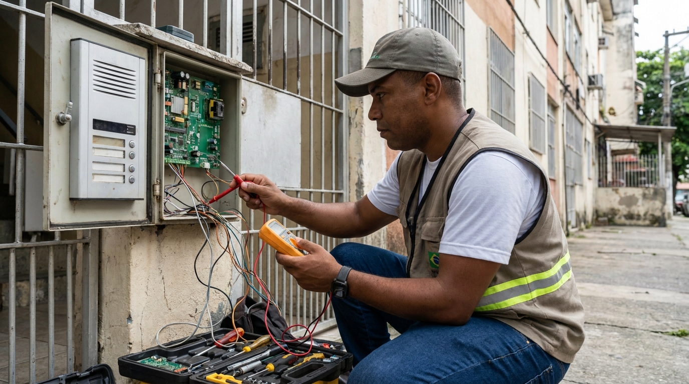 Eletricista consertando interfone em Natal‑RN