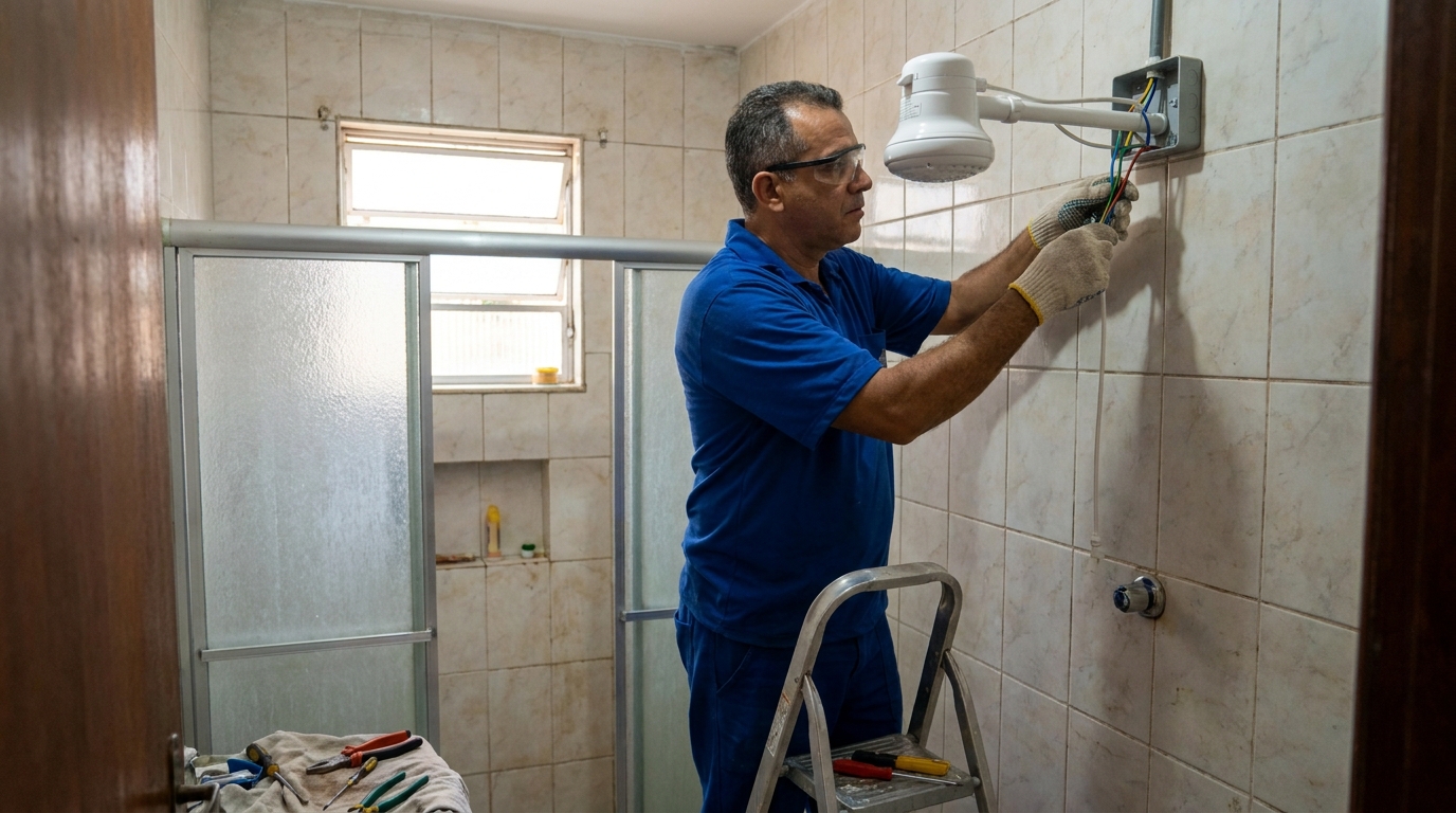 Eletricista instalando chuveiro eletrico em Natal‑RN