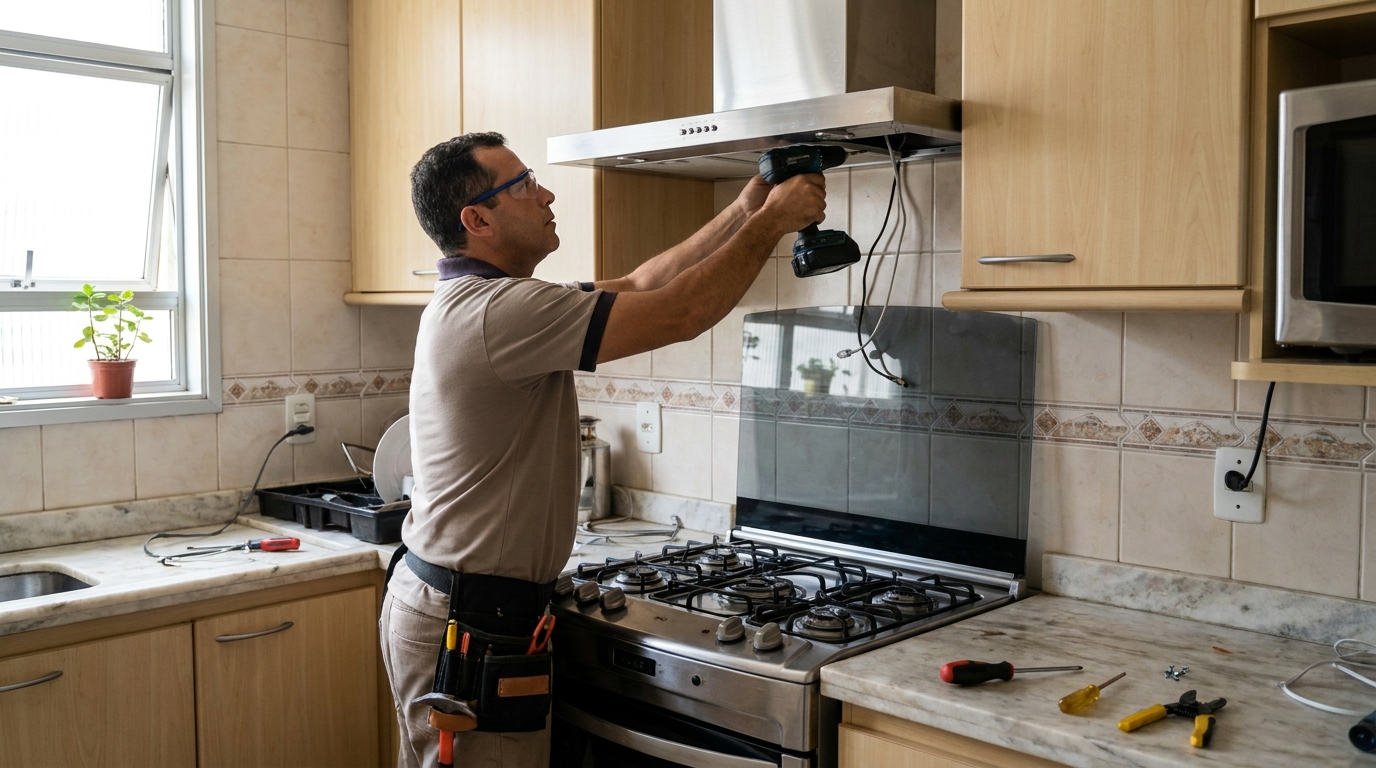 Eletricista instalando coifa em Natal‑RN