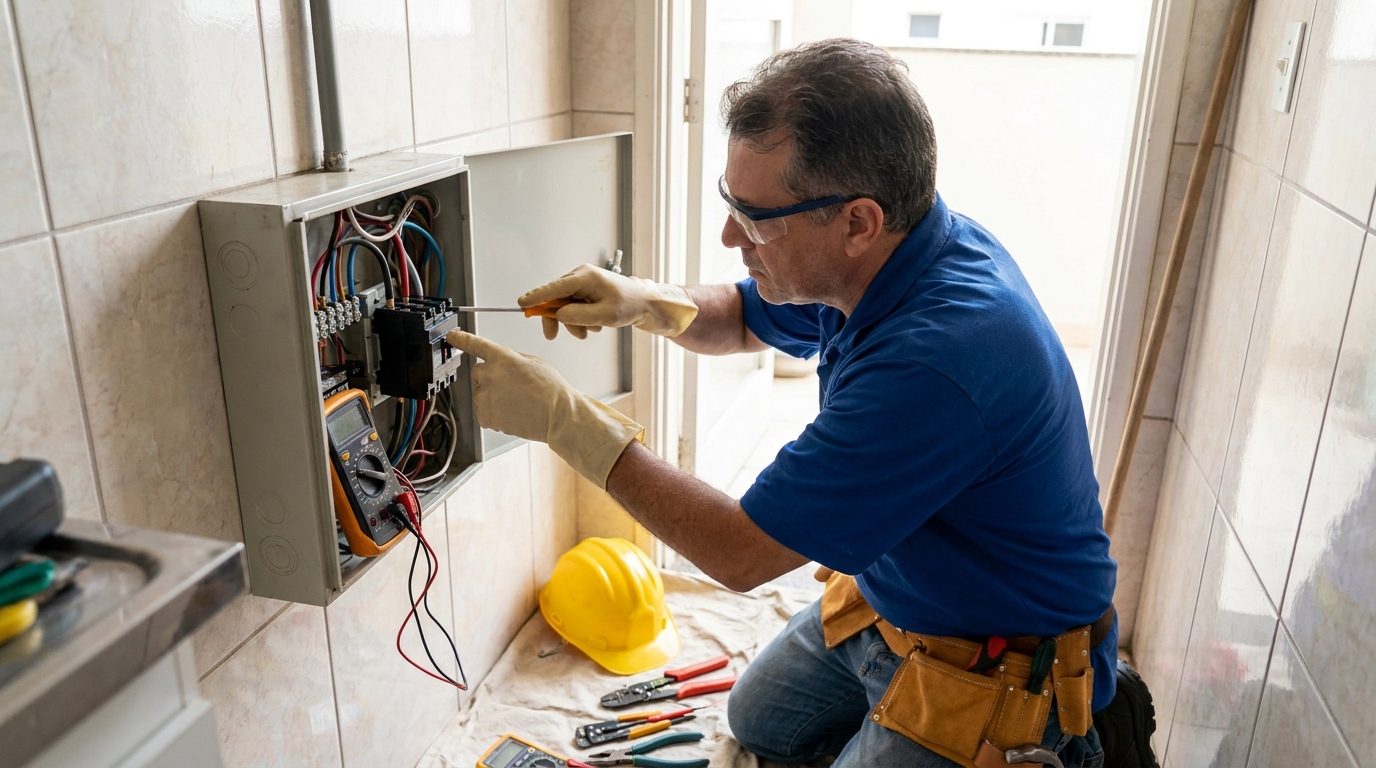Eletricista instalando disjuntor em Natal‑RN
