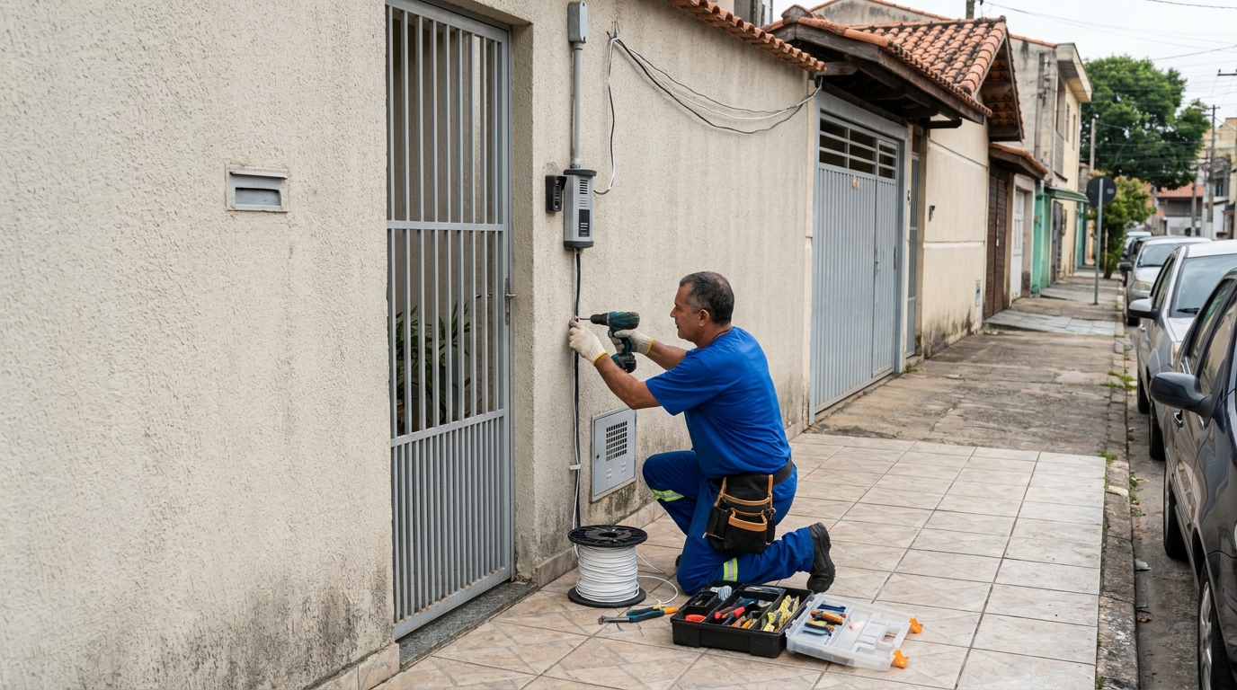 Eletricista instalando interfone em Natal‑RN