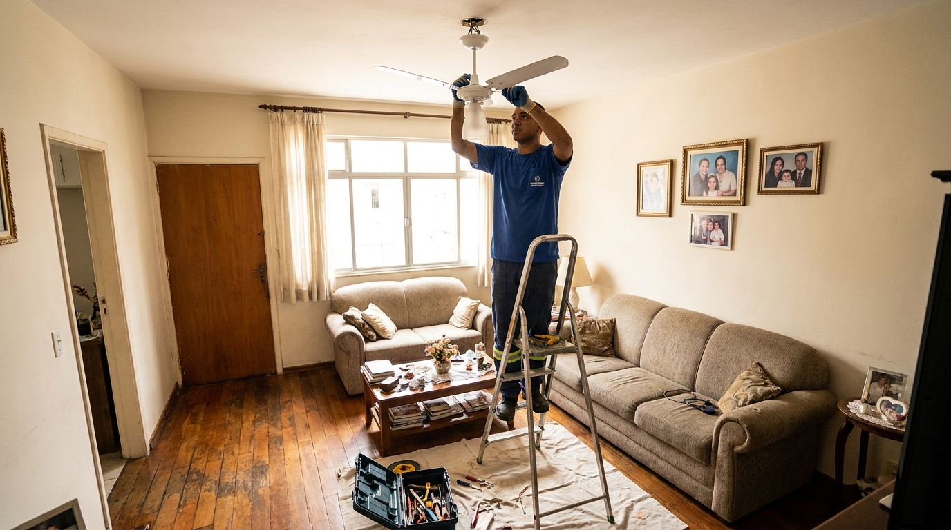 Eletricista instalando ventilador de teto em Natal‑RN